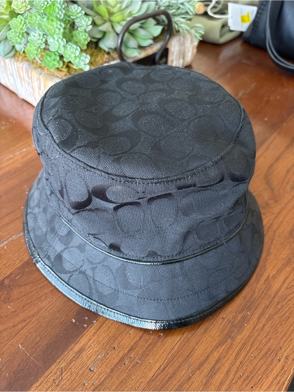 Coach Black Monogram Bucket Hat with Patent Trim